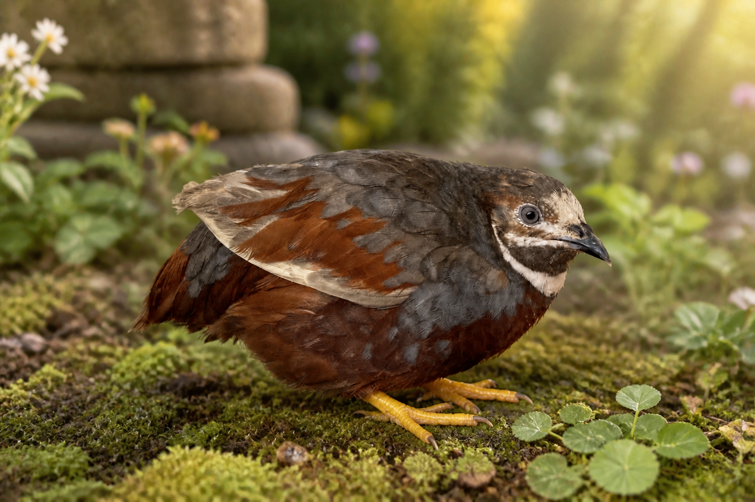 The rust, gray, and white-faced companion button quail standing in a warm garden