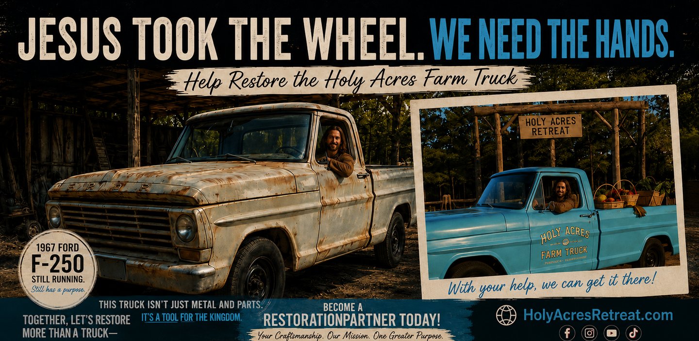 The rusted 1967 Ford F-250 and the teal Holy Acres Farm Truck restoration vision