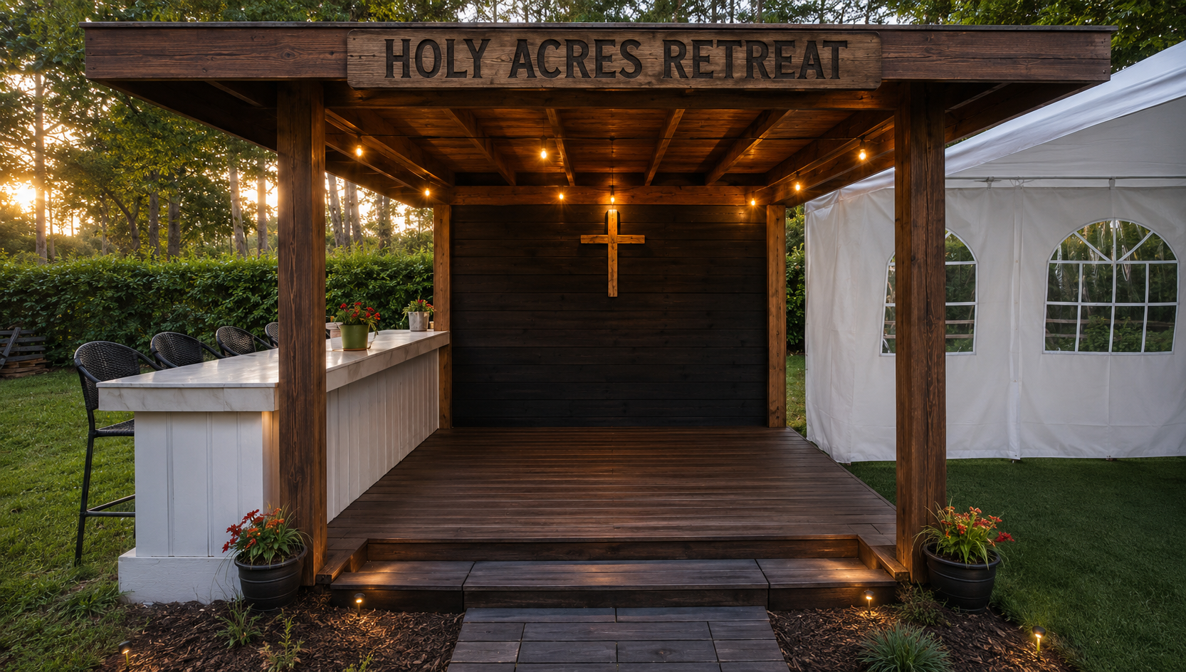 The Holy Acres Retreat pavilion at sunset with its sign, cross, and string lights