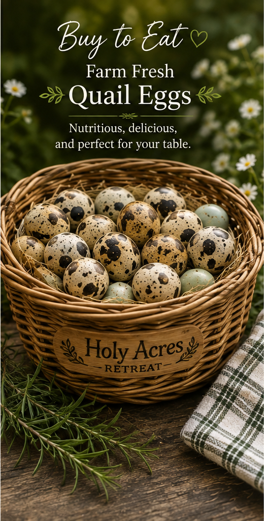 A Holy Acres Retreat basket of farm fresh speckled quail eggs with rosemary