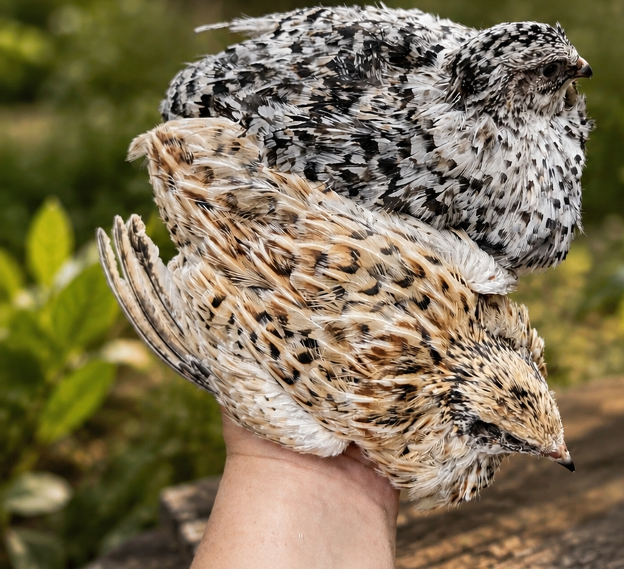 A pair of adult Pearl Fee Coturnix quail held in a hand in the garden