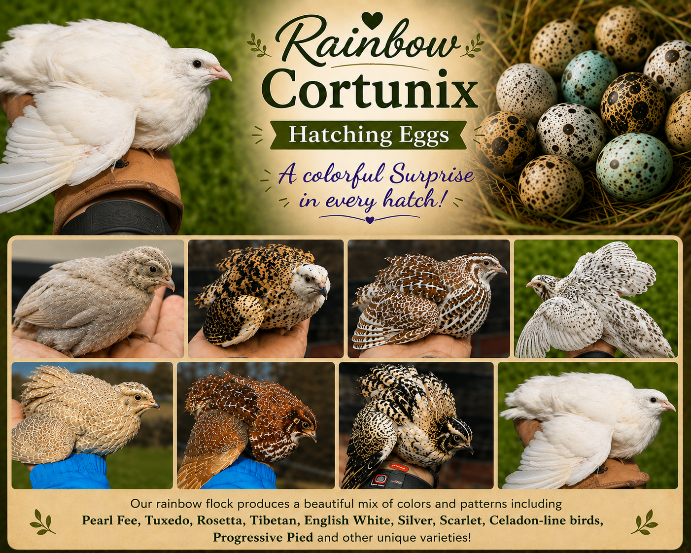 Rainbow Coturnix hatching eggs: eight quail varieties from the Holy Acres rainbow flock beside a nest of speckled and celadon eggs