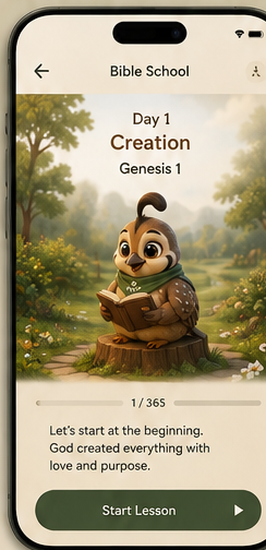 The Quail app’s Bible School screen, opening Day 1 in Genesis