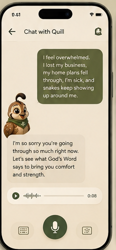 The Quail app’s chat screen, with Quail replying to a message about a hard season